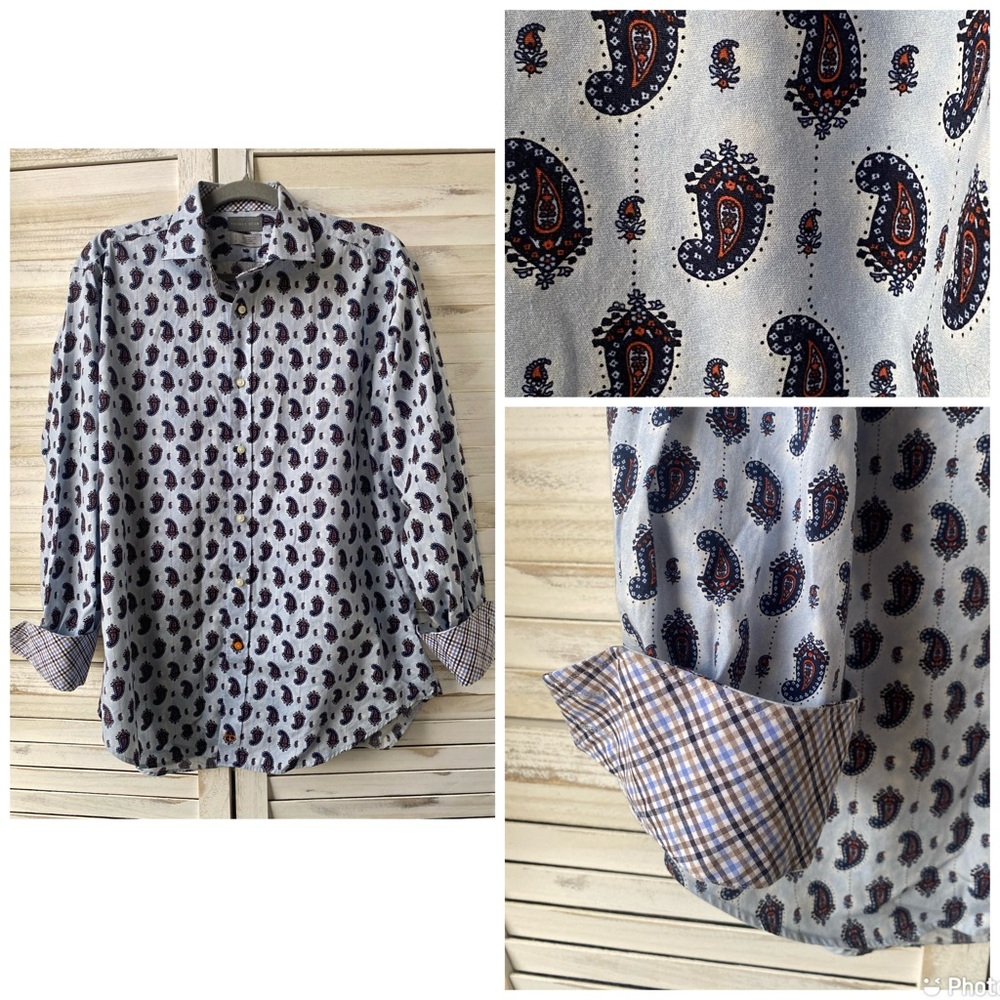 THOMAS DEAN Paisley Shirt Mens Blue Long‎ Sleeve Button Flip Cuff Large